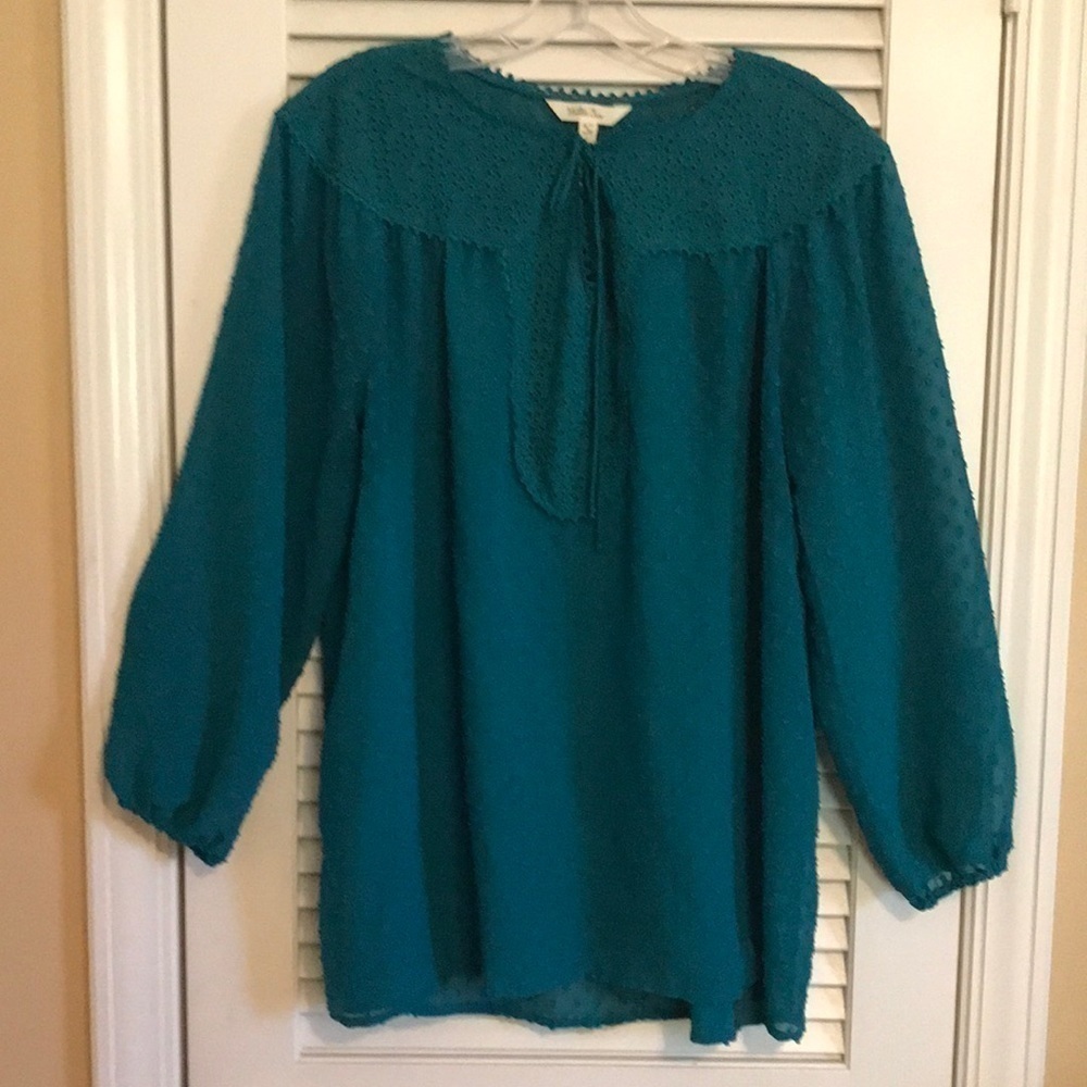 Matilda Jane women’s Tunic Peasant style Teal Sz L Flowy Sheer Fabric  eyelet
